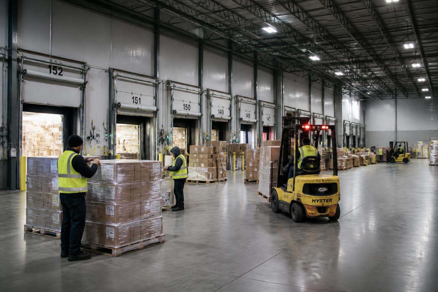 Cross-dock crew staging and wrapping pallets beside loading doors