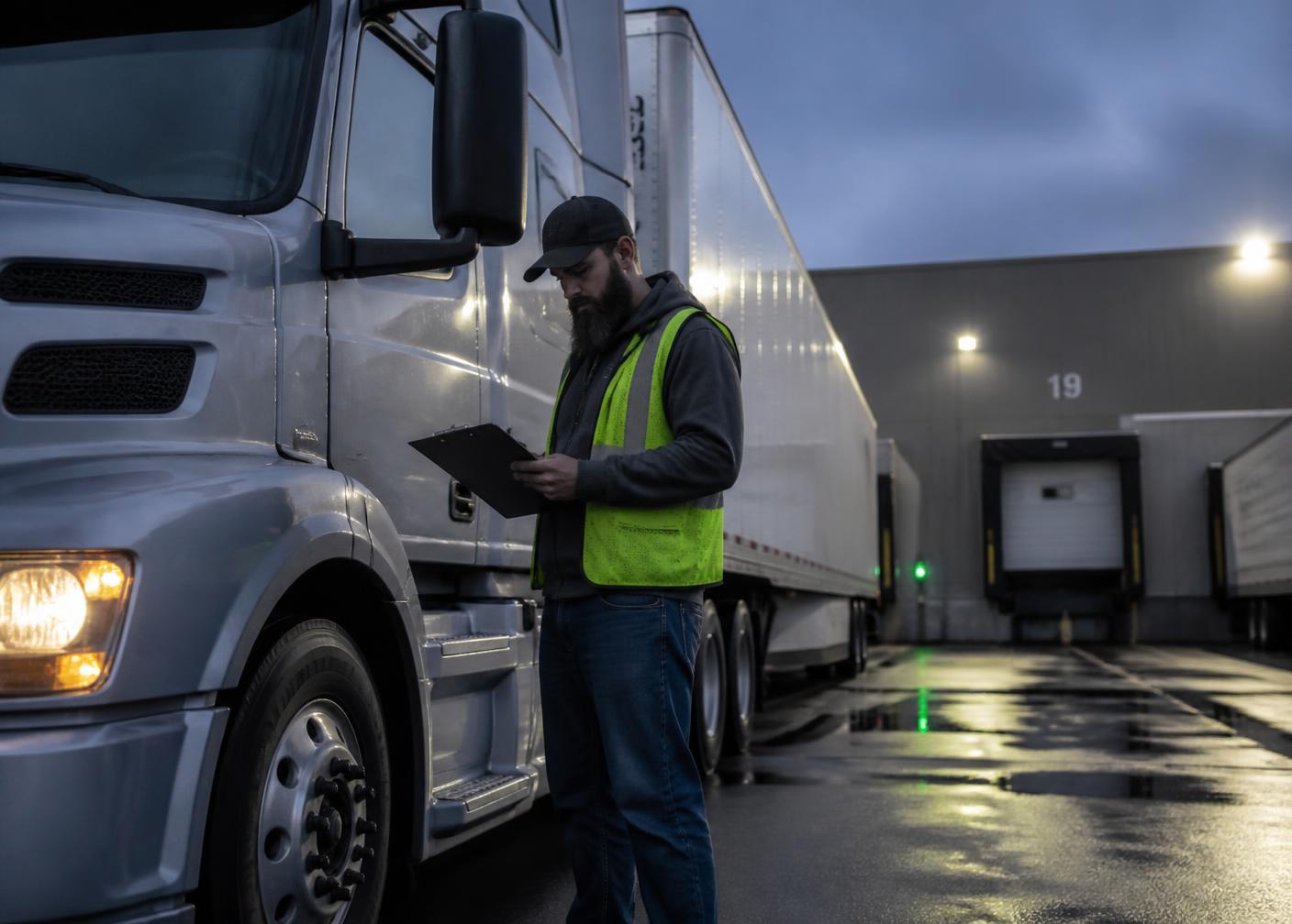 Driver in a hi-vis vest reviewing paperwork beside his trailer at dusk