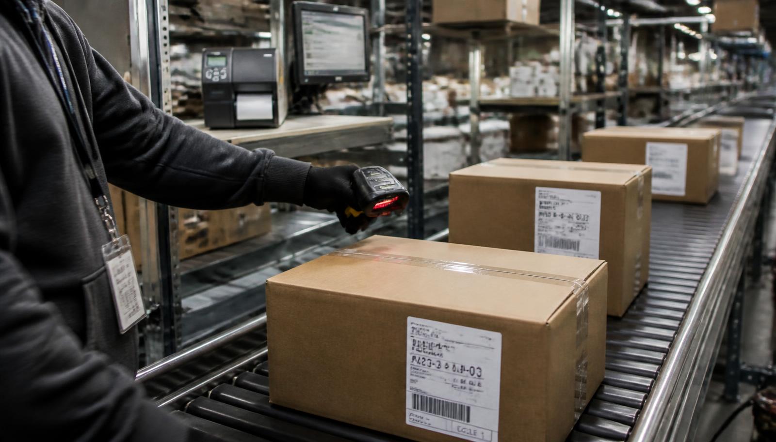 Labeled cartons moving down a fulfillment conveyor