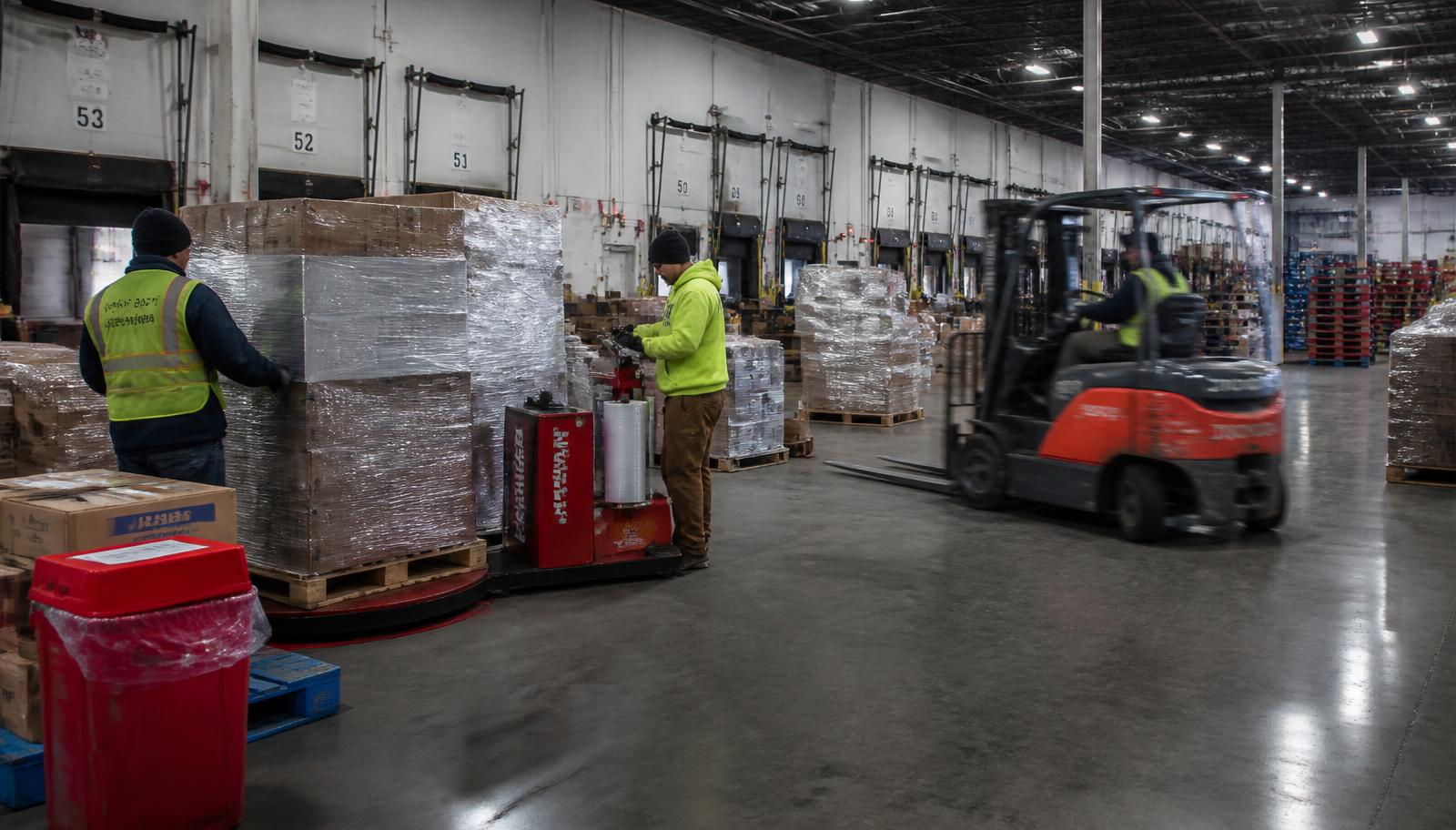 Crew restacking and shrink-wrapping pallets on the cross-dock floor while a forklift moves freight